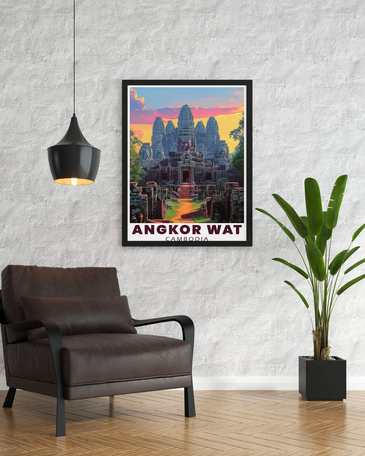 Our Angkor Wat and Bayon Temple travel print combines artistry and history, showcasing the impressive stone carvings and temple spires of these famous Cambodian landmarks. The rich colors and intricate details make this poster a captivating piece for any space.