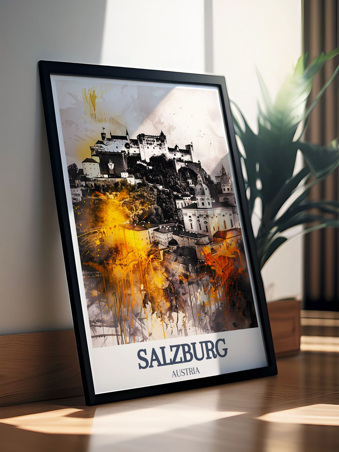 Capture the beauty of Salzburg with this detailed fine line Salzburg poster print. Highlighting Hohensalzburg Fortress and Mirabell Palace, this elegant art piece is perfect for modern decor or a Salzburg city print for your living room.