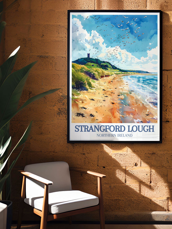 Modern art piece of Audleys Castle and Strangford Lough Marine Nature Reserve is a stunning print that brings the tranquil beauty of Northern Ireland into your living room perfect for bucket list prints