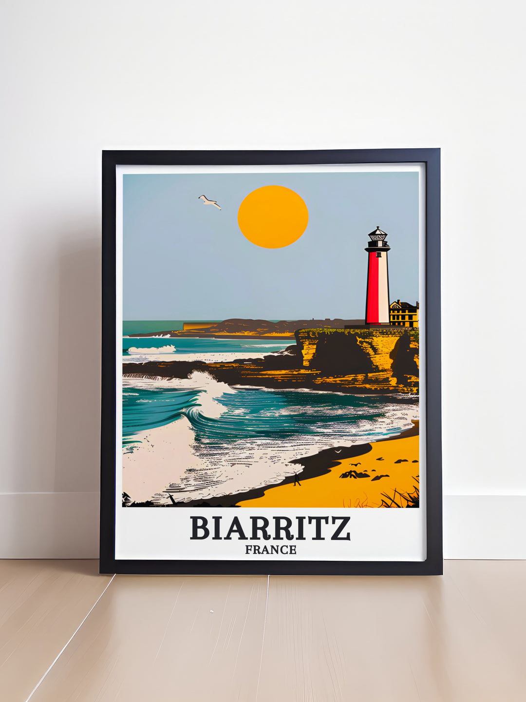 Biarritz Poster showcasing the serene Plage de la Cote des Basques and the stunning Phare de Biarritz a must have for those who love French coastal landscapes and wish to add a touch of elegance to their living spaces through sophisticated wall decor