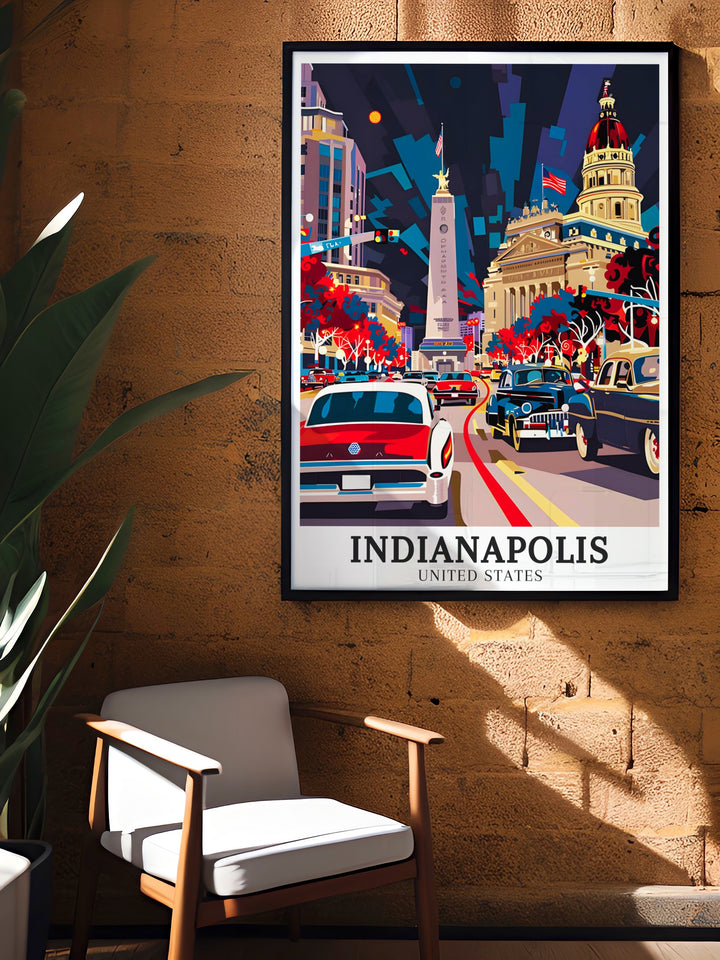 Soldiers and Sailors Monument Travel Posters. Highlighting the iconic Soldiers and Sailors Monument and Indiana Statehouse, these travel posters bring the history and charm of Indianas landmarks into your home decor. Perfect for history enthusiasts.