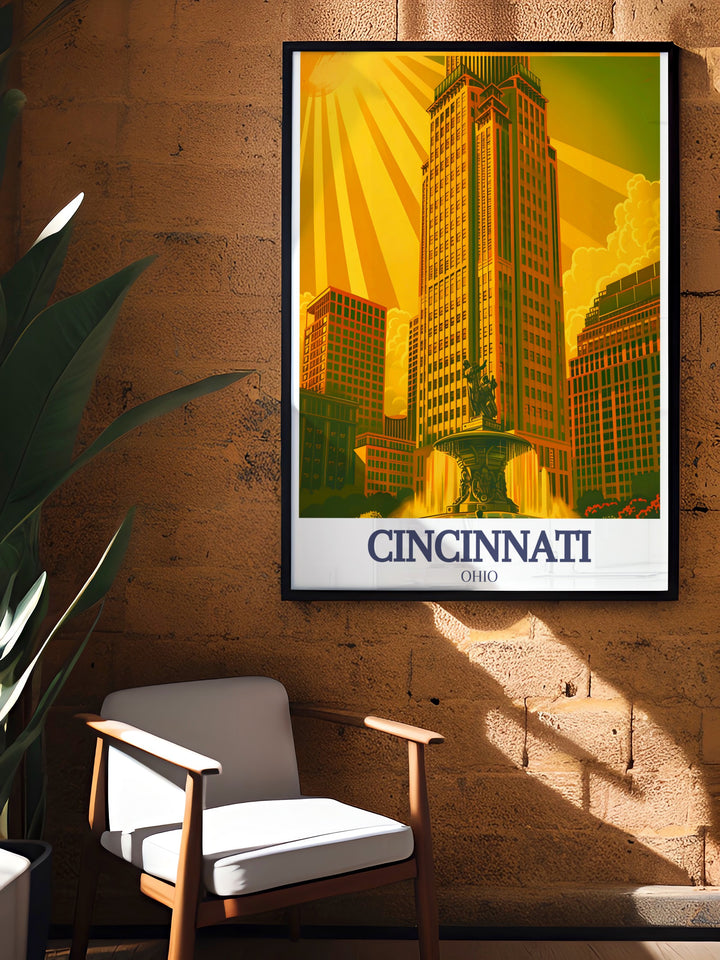 High quality Cincinnati map and painting of Carew Tower and Tyler Davidson Fountain printed on premium paper with fade resistant inks ensuring longevity and vibrant colors for years to come