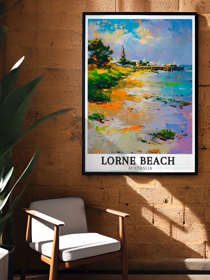 Lorne Beach Gift featuring Lorne Pier Great Ocean Road is a unique Australia souvenir that adds elegance to any room perfect for those who love coastal decor this print beautifully represents the tranquility of Lorne Beach and the scenic Great Ocean Road