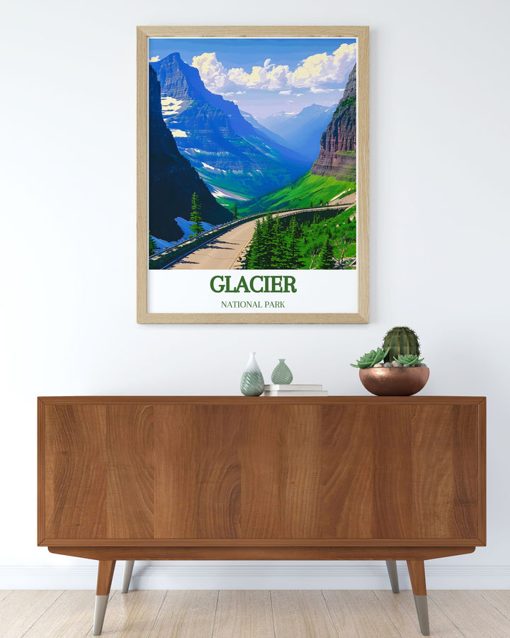 Experience the historical significance of Glacier National Park with this beautifully illustrated poster. Featuring landmarks such as historic lodges and preserved wilderness areas, this piece celebrates the parks rich history and natural heritage.