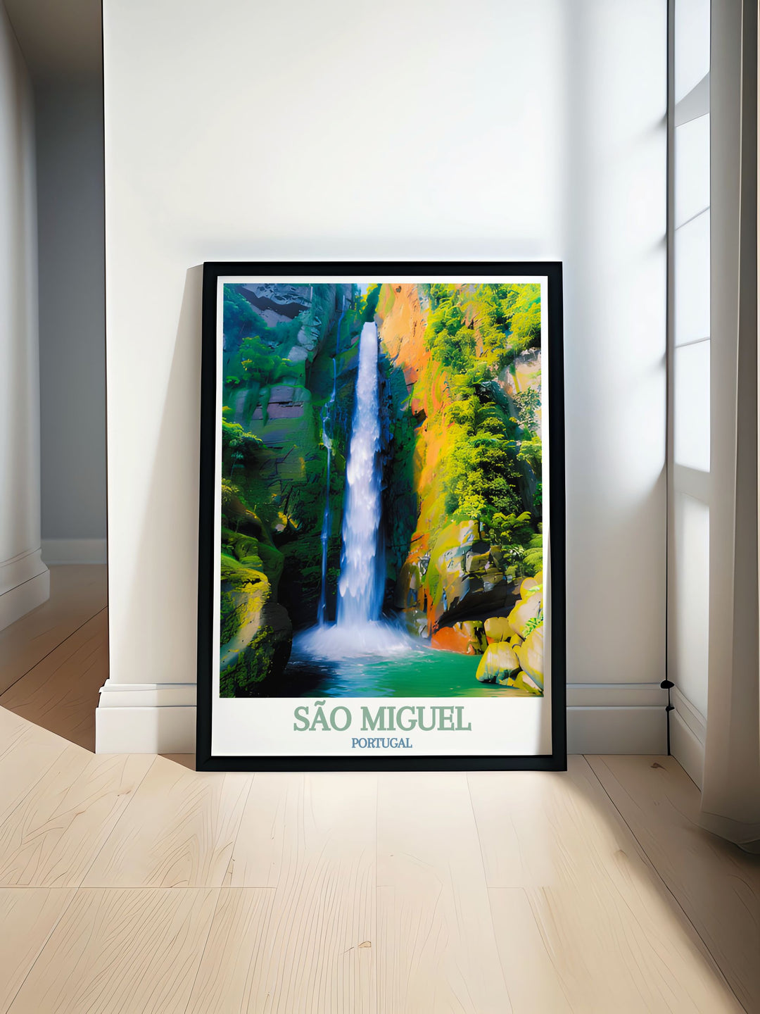 Beautiful art print of São Miguel, capturing the lush landscapes and iconic Salto do Cabrito waterfall in Portugal. Perfect addition to any Portugal themed decor.
