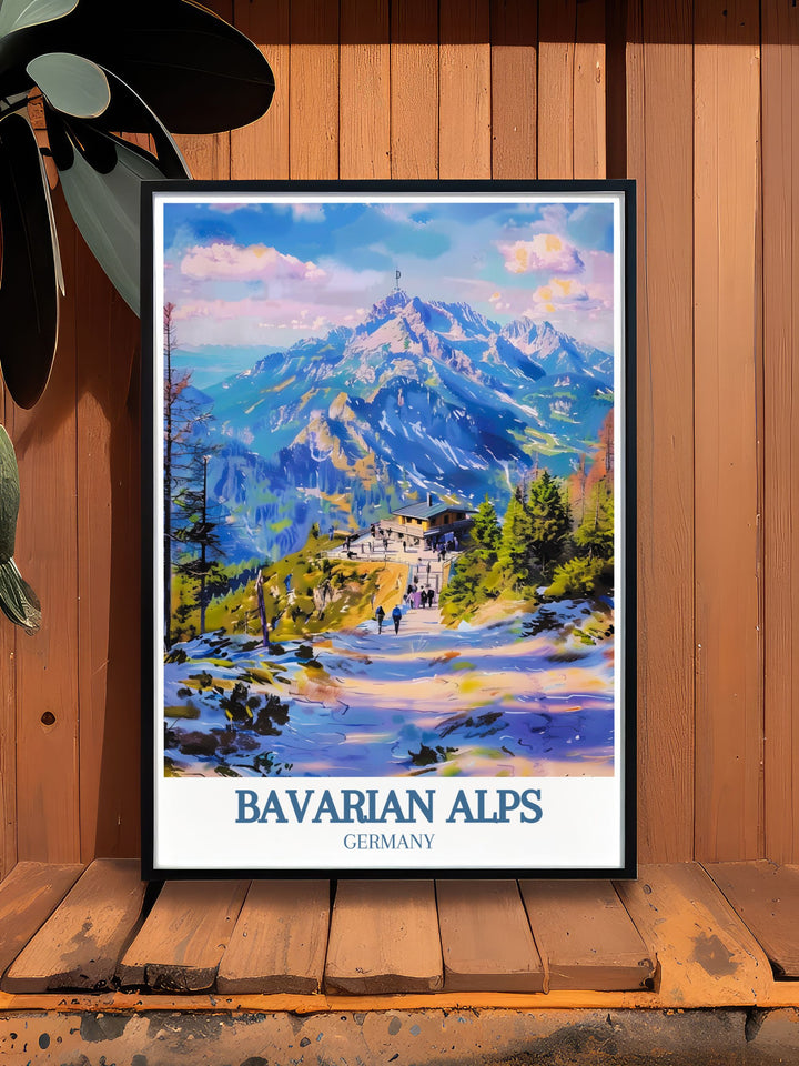 Unique artwork of the Bavarian Alps, featuring the iconic Berchtesgaden National Park and Eagles Nest. Perfect for personalized gifts or home decor, this print captures the essence of Germanys natural and cultural beauty.