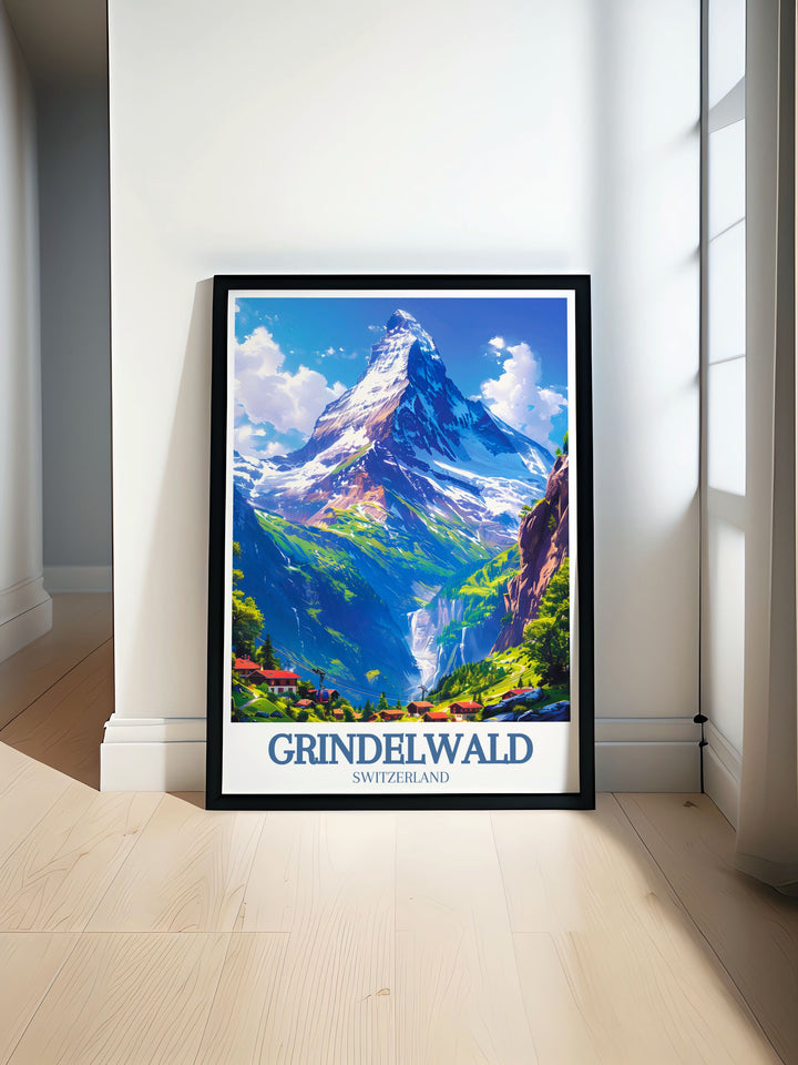 An exquisite illustration of Eiger mountain Grindelwald First capturing the stunning beauty of the Swiss Alps. Ideal for Grindelwald decor this wall art brings the charm of the mountain village and the thrill of Alpine skiing into your home.