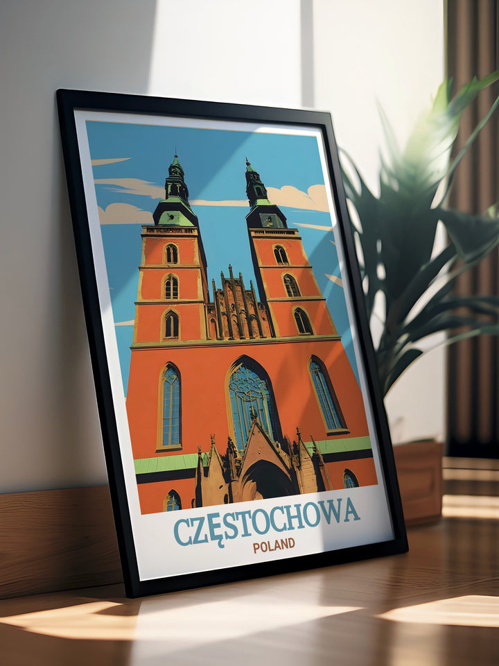 Our Cathedral of the Holy Family print offers a detailed view of Częstochowas most iconic church, showcasing its elaborate stonework and spiritual significance. A must have for admirers of Polish architecture, this travel poster brings the elegance of Częstochowa into your home.