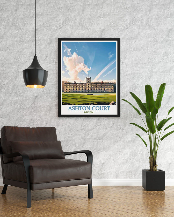 Cycling Wall Art featuring Ashton Court Mansion and the popular MTB trails in Bristol. This print is a must have for anyone passionate about mountain biking and offers a beautiful combination of outdoor adventure and elegant home decor.