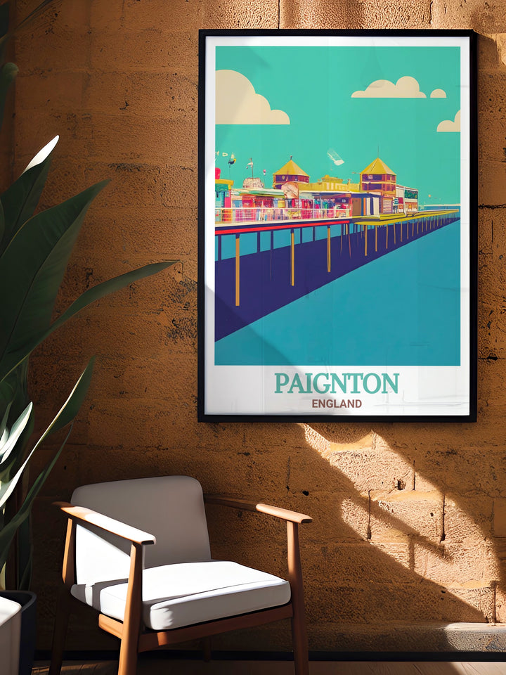 This Paignton Poster Print captures the stunning coastal views of Paignton Pier, a beloved landmark in Devon. The vibrant artwork highlights the serene beach and blue waters, making it perfect for decorating any space. Ideal for those who cherish the charm of the British seaside, its a great addition to any home or office decor.