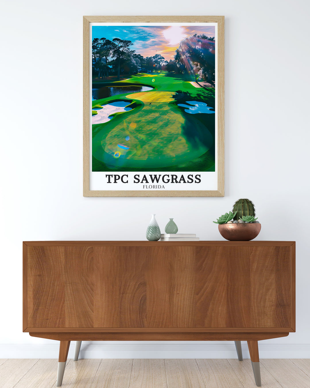 TPC Sawgrass Stadium Course is one of the most iconic locations in golf, known for its challenging holes and breathtaking scenery. This print captures the essence of the course, offering a striking visual for any golf enthusiast. Whether displayed in a living room or office, this piece celebrates the spirit of the game.