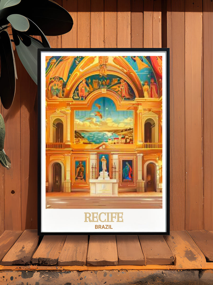 Recife travel print showcasing Capela Dourada in all its golden splendor. The artwork highlights the chapels rich history and craftsmanship, bringing a touch of Brazils architectural brilliance into your home. Ideal for travel lovers and art collectors alike.