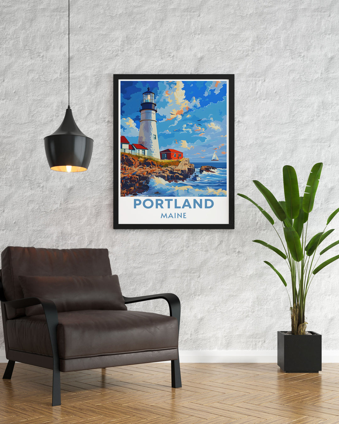 Capture the charm of Portland, Maine, with its historic waterfront and vibrant arts scene, beautifully showcased in this travel poster. Ideal for those who appreciate cultural richness.