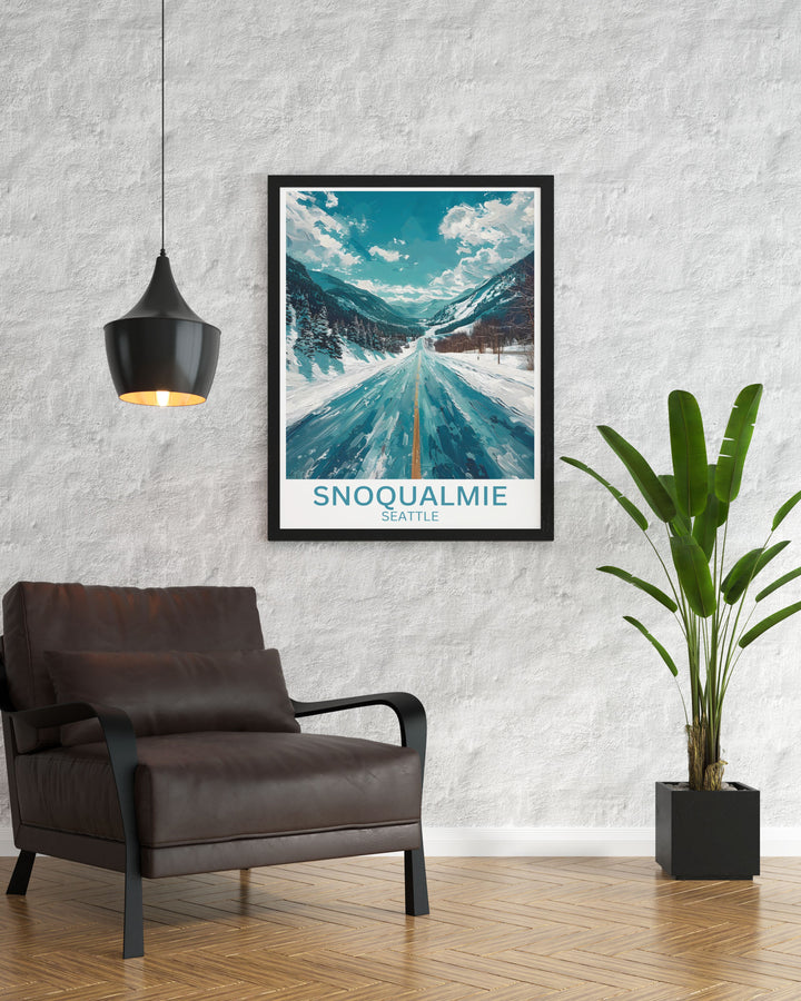 Reveal the captivating allure of The Summit at Snoqualmie with this travel poster, illustrating the scenic ski trails and majestic mountain backdrop.