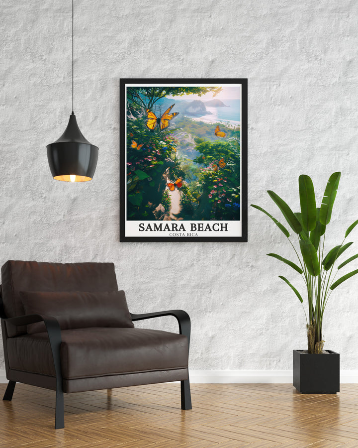 A breathtaking view of Samara Beach, the Osa Conservation Area, and the whale tail shaped beach at Marino Ballena National Park, this Costa Rica poster is perfect for those who want to bring a piece of tropical paradise into their homes.