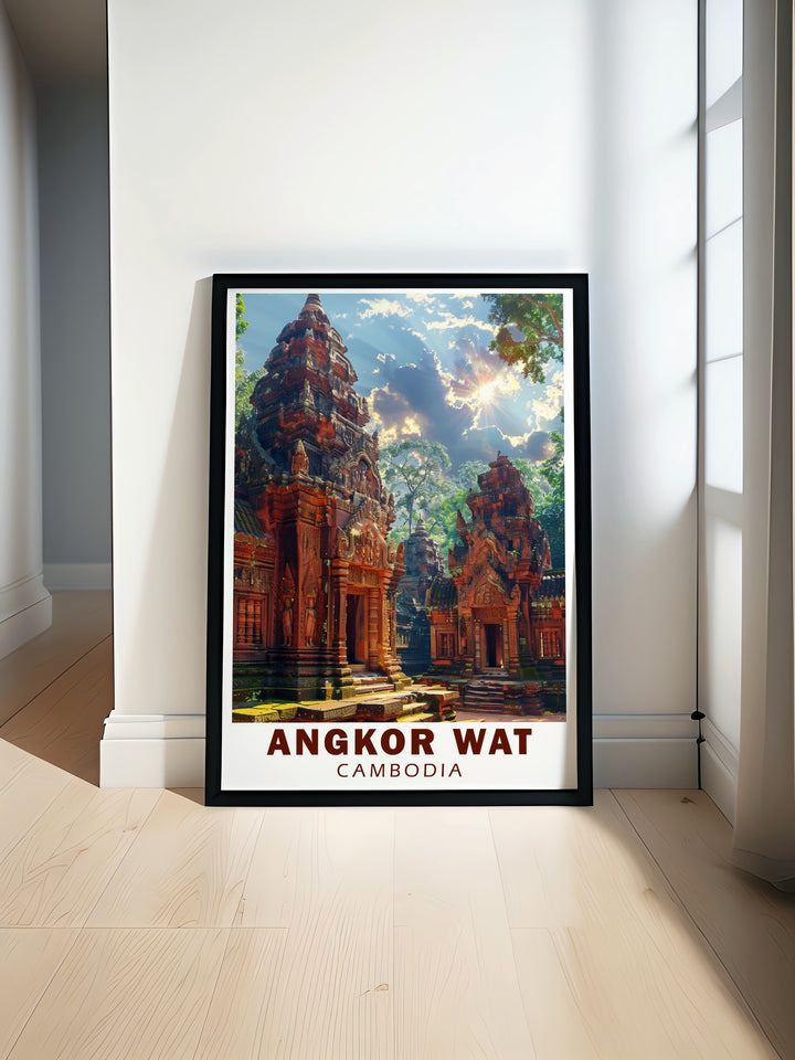 Experience the architectural brilliance of Cambodias Angkor Wat and Banteay Srei with this travel poster. The intricate stone carvings and stunning temple designs make this print a must have for lovers of ancient history and Southeast Asian culture.