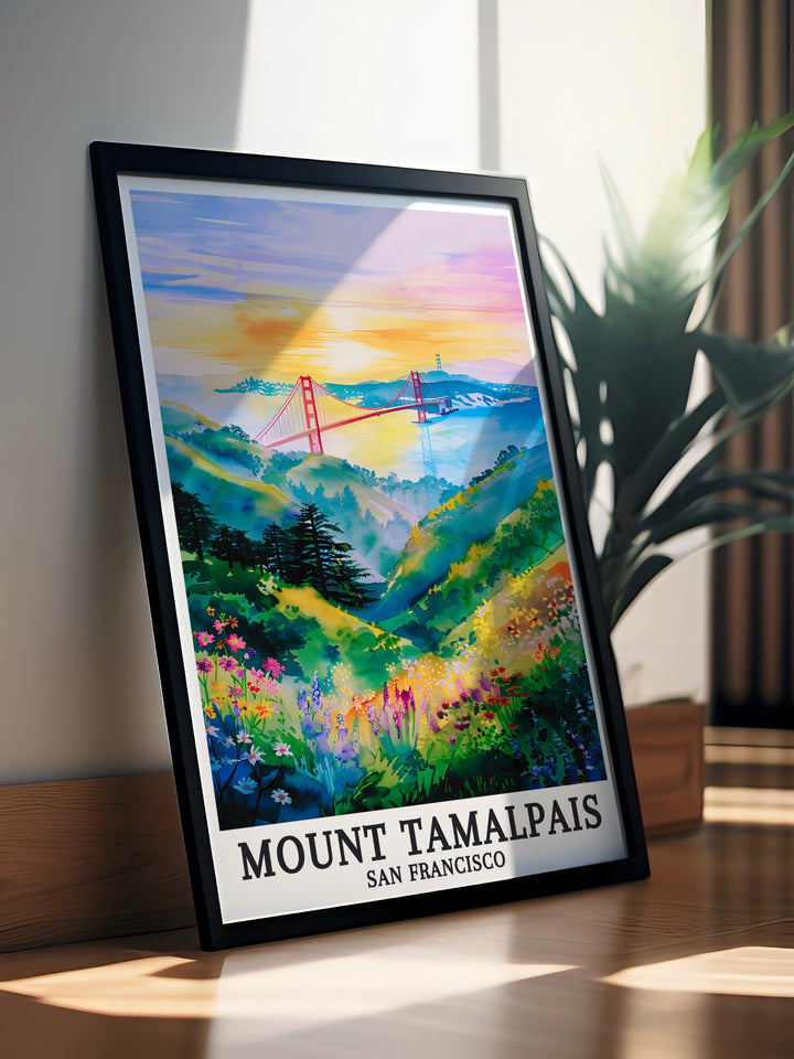 California art featuring Mount Tamalpais with the Pacific Ocean and Golden Gate Bridge. This California print makes the perfect gift for anyone who loves Californias iconic landscapes. Add this elegant wall art to enhance your living room decor.