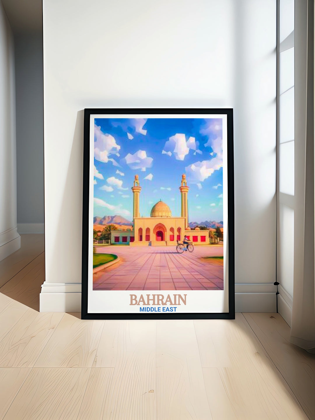 Bahrain Print featuring Al Fateh Grand Mosque in vibrant colors perfect for wall decor or a travel souvenir bringing the beauty and heritage of Bahrain into your home with stunning artwork and meticulous craftsmanship.