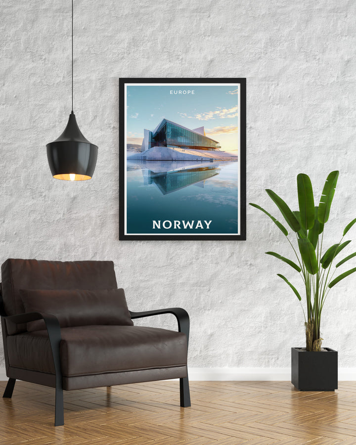 Elegant Flekkefjord gift with intricate Norwegian poster design complemented by Oslo Opera House Layout modern decor and stunning prints for a sophisticated touch