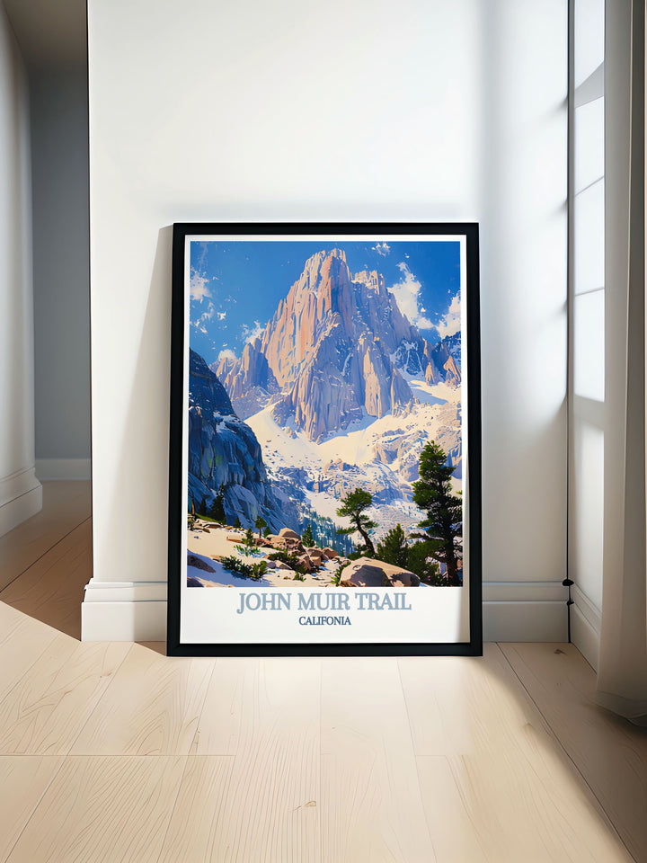 Highlighting the serene beauty of the John Muir Trail, this travel poster captures its majestic landscapes and tranquil wilderness. Perfect for those who appreciate unique natural wonders, this artwork brings the essence of California into your home.