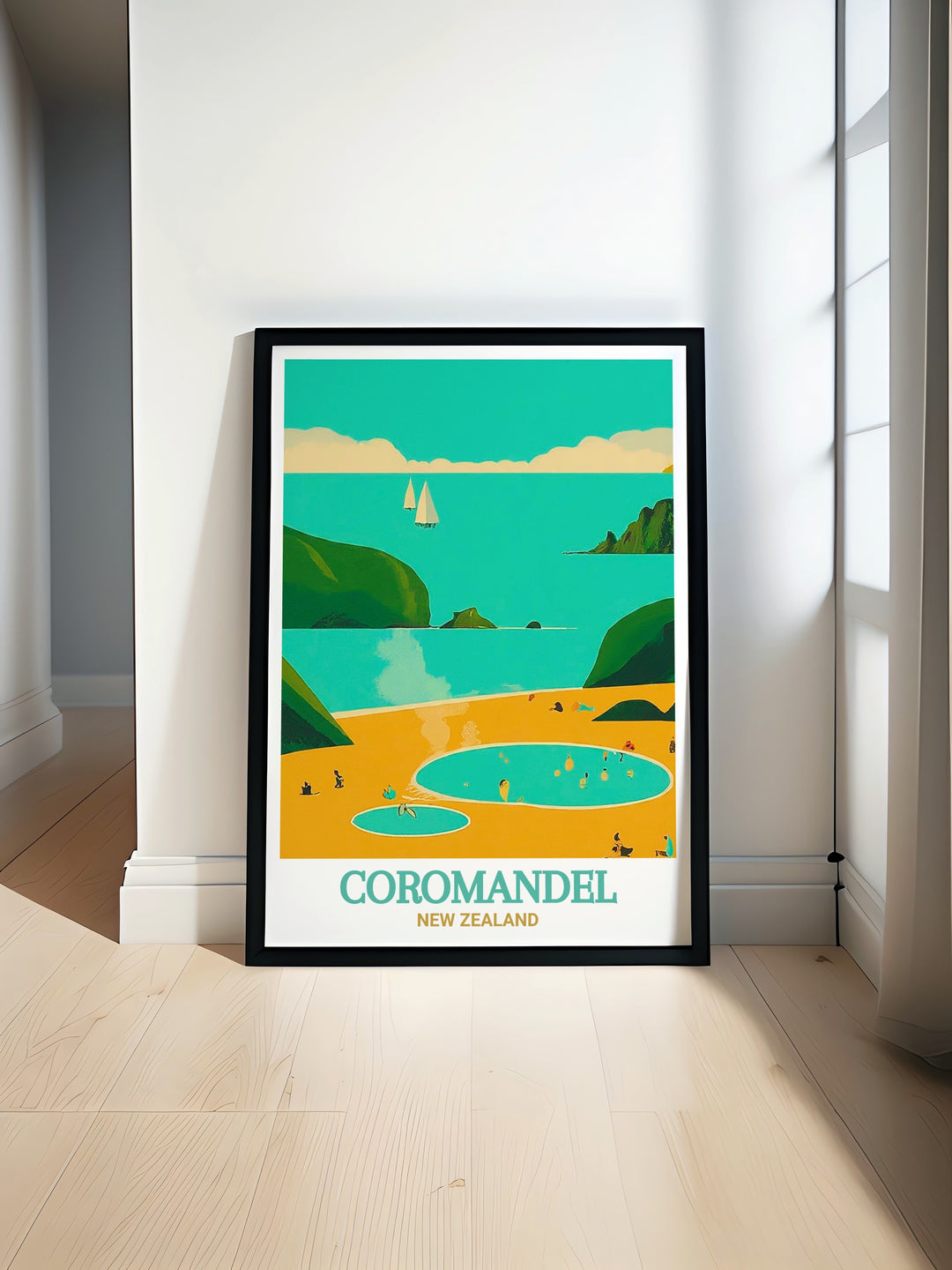 A detailed art print showcasing Hot Water Beach on New Zealands Coromandel Peninsula, capturing the unique geothermal activity where natural hot springs meet the sands. Perfect for coastal home decor and nature inspired interior designs, available exclusively from MapYourDreams.