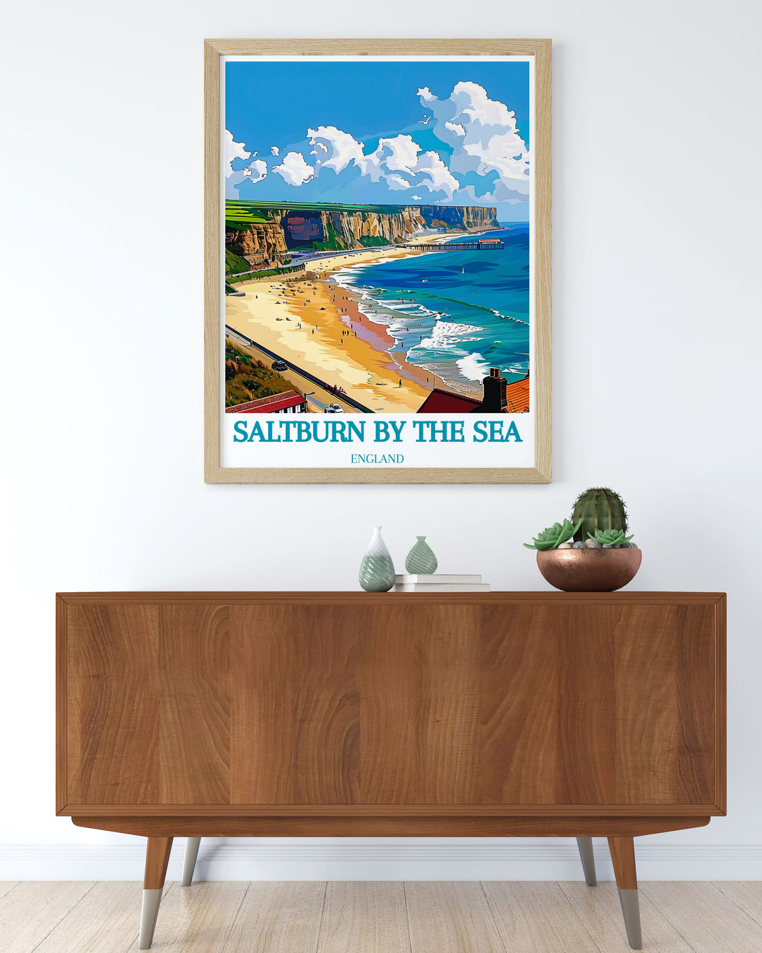 Saltburn Beach framed print featuring the historic Saltburn Railway Saltburn Pier and picturesque Whitby Yorkshire perfect for coastal themed decor and bringing a touch of British seaside charm to any space