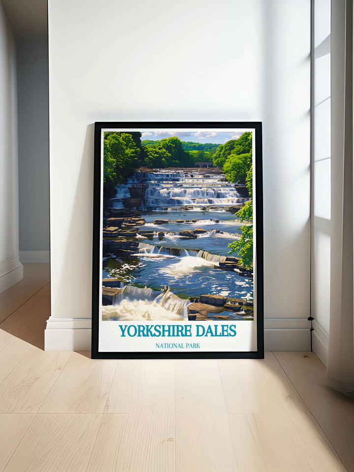 Experience the beauty of Aysgarth Falls with this Yorkshire Dales National Park travel print featuring iconic landmarks like the Ribblehead Viaduct and the Flying Scotsman perfect for adding a touch of natural beauty to your home or office decor.