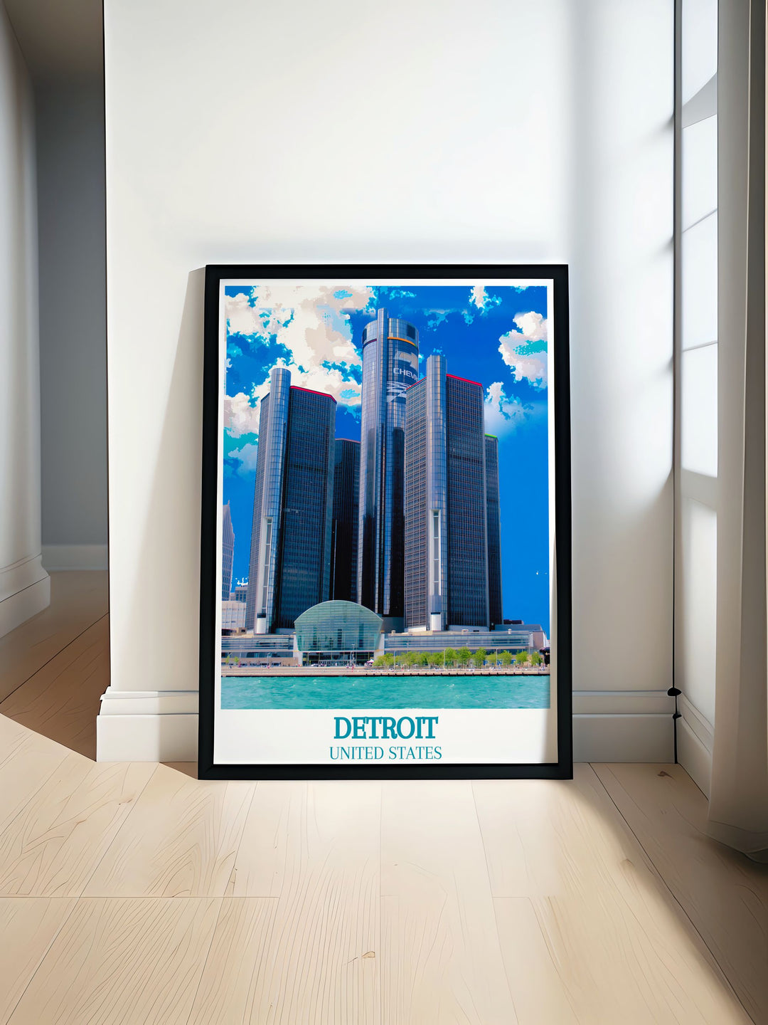Gallery wall art illustrating the timeless beauty of The Renaissance Center, with its stunning skyline and historic landmarks, perfect for enhancing any room with the charm of Detroit.