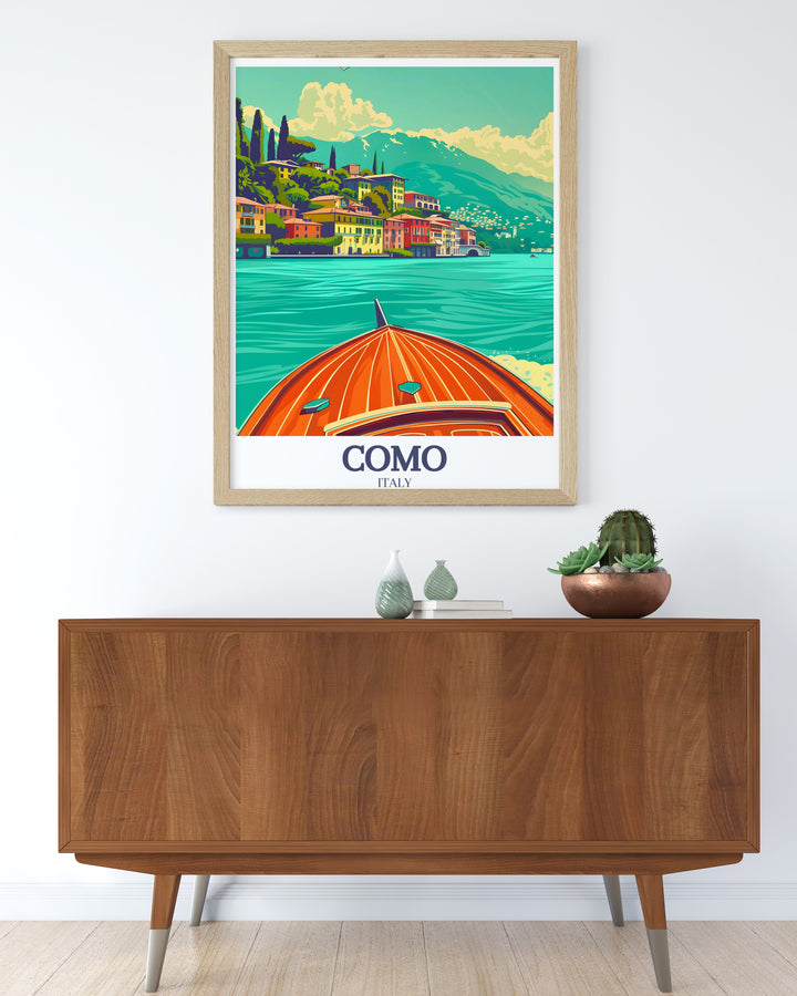 Celebrate railway travel with this Royal Scotsman print featuring the stunning Scottish Highlands. Lake Como Bellagio Village modern prints offer serene Italian landscapes to complement your love for vintage locomotive art.