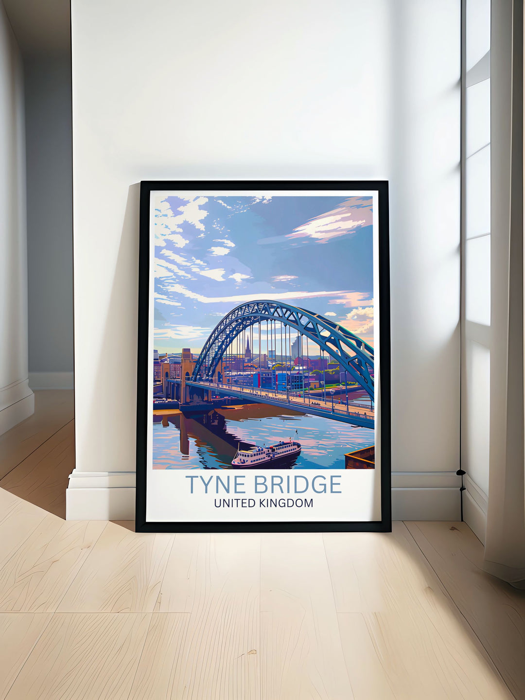 Tyne Bridge Art Print featuring Newcastle Upon Tyne and Gateshead with detailed views of the Millennium Bridge and Sage Gateshead. This vintage travel print is a perfect addition to any home bringing Newcastles architectural beauty into your living space