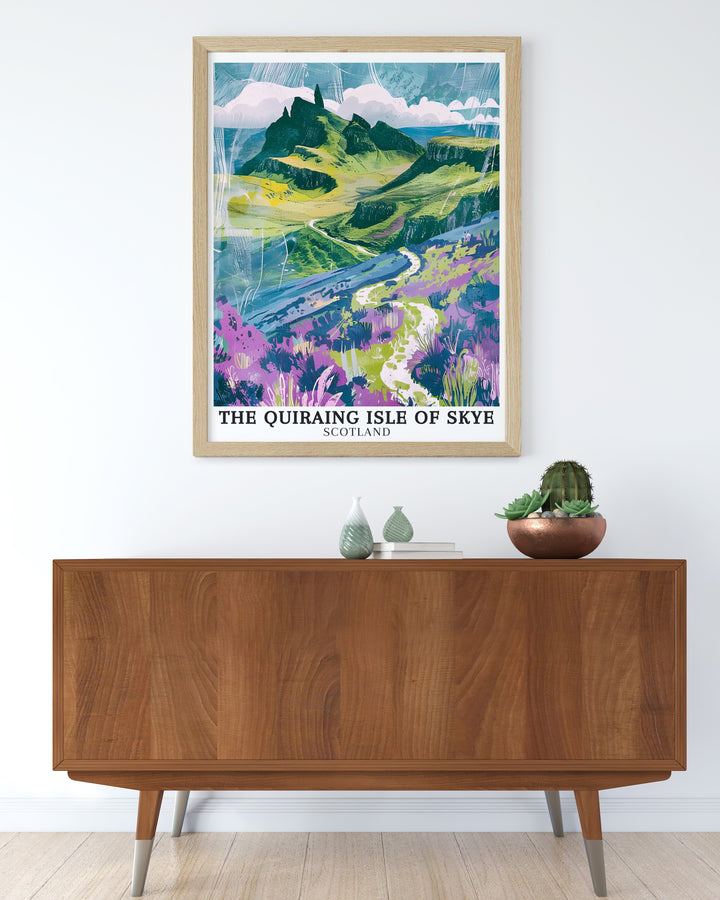 Vintage travel print of The Quiraing Isle of Skye with The Table and Trotternish Ridge providing a classic and stylish depiction of Scotlands iconic landscapes perfect for those who appreciate timeless beauty and exploration.