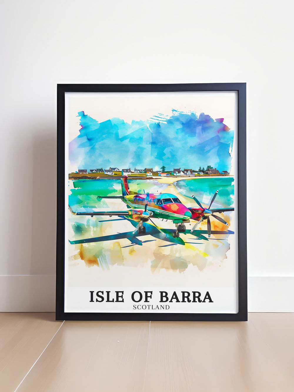 This Isle of Barra travel poster captures the spirit of the Outer Hebrides with its depiction of Traigh Mhor Beach, the only beach in the world that serves as an airport. Bring Scotlands coastal charm into your home with this stunning art print, ideal for lovers of unique travel destinations.