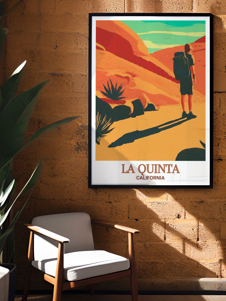 Cove Oasis Trailhead and La Quinta framed art from California. This artwork offers a detailed look at the desert landscape, making it a stunning addition to any room. Ideal for those who love hiking, nature, and exploring the great outdoors.