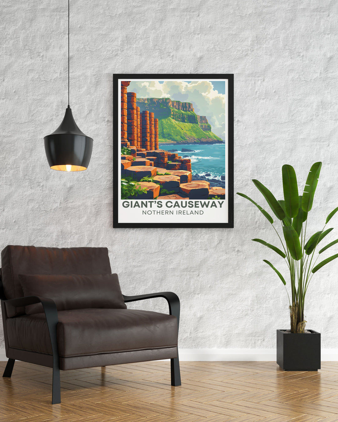 Home decor print illustrating the scenic beauty of Giants Causeway, showcasing the unique basalt columns and surrounding coastal scenery, ideal for bringing a touch of Irelands natural wonder into any home.