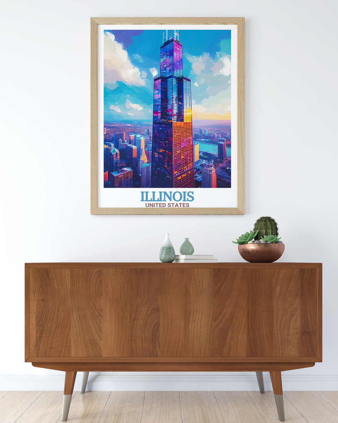 Willis Tower dominates the Chicago skyline in this vintage inspired travel print, offering a detailed look at the citys towering architecture. The perfect piece for fans of Chicago and urban design, this poster brings the beauty of Illinois into your space.