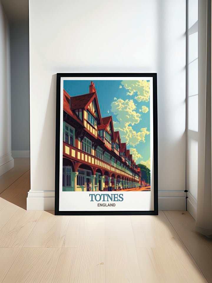 Totnes travel art featuring The Butterwalk, capturing the essence of this historic town and its iconic landmark. This print is a beautiful addition to any art collection, perfect for those who appreciate the beauty of Englands heritage.