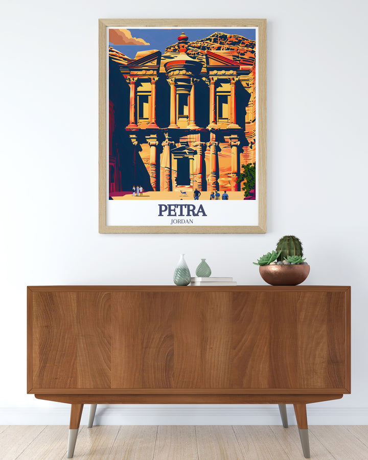 The Siq Wall Art featuring the dramatic entrance to Petra through the narrow gorge, leading to the magnificent Ad Deir Monastery. This canvas art captures the awe inspiring beauty of Jordans ancient city, perfect for adventure lovers and history buffs.