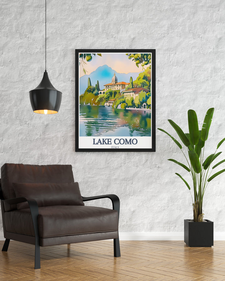 Elegant Lake Como Wall Art featuring Villa del Balbianello framed by the Rhaetian Alps this artwork brings the charm of Italy to life making it perfect for any living room office or bedroom offering a sense of escape and tranquility