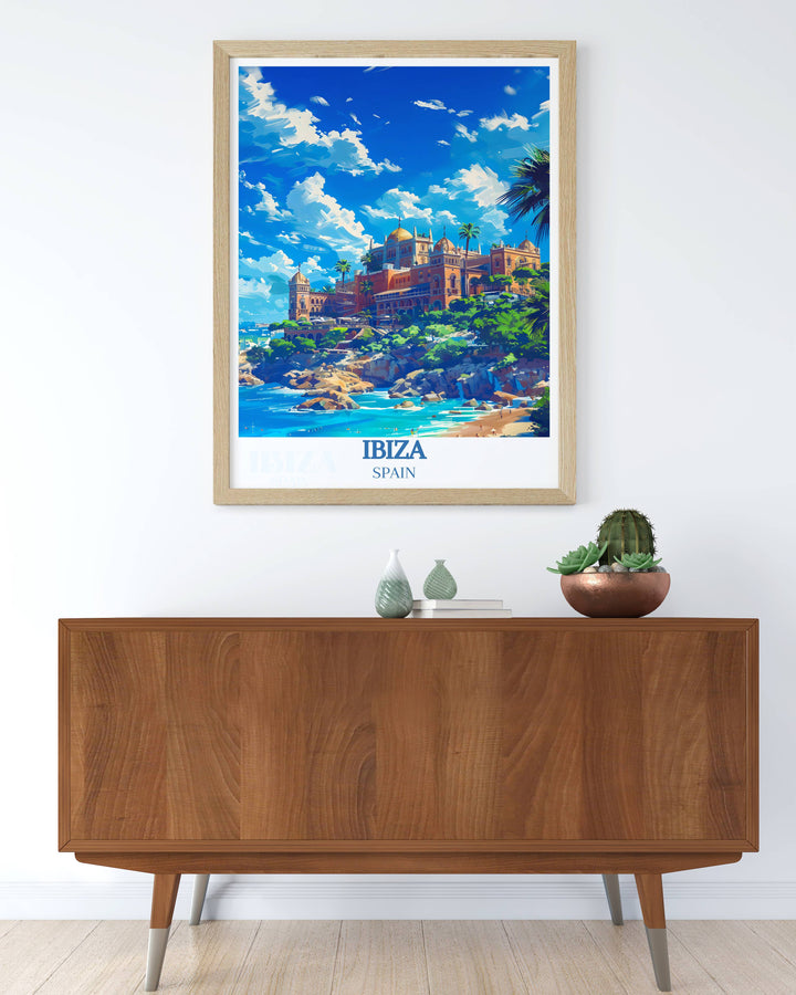 Framed Print featuring the energetic O Beach Club and the picturesque Cala d Hort Beach bringing the excitement of Ibizas club life and the tranquility of its beaches into your living space with vivid colors and dynamic designs