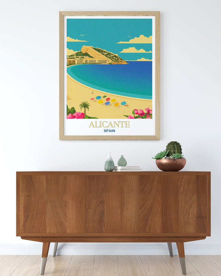 Playa del Postiguet wall art featuring the beachs beautiful landscapes and iconic vistas. Ideal for enhancing your space with the coastal beauty of Alicante, this print adds a touch of elegance and vibrancy to your home decor. Celebrate Alicantes beach culture with this captivating artwork.