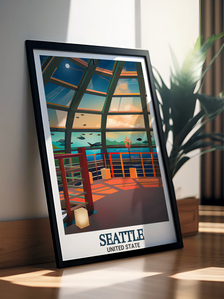 A beautifully detailed Seattle skyline poster featuring iconic landmarks like the Space Needle and Puget Sound. This travel print captures the vibrant cityscape of Seattle, perfect for Pacific Northwest lovers and as an addition to home decor.