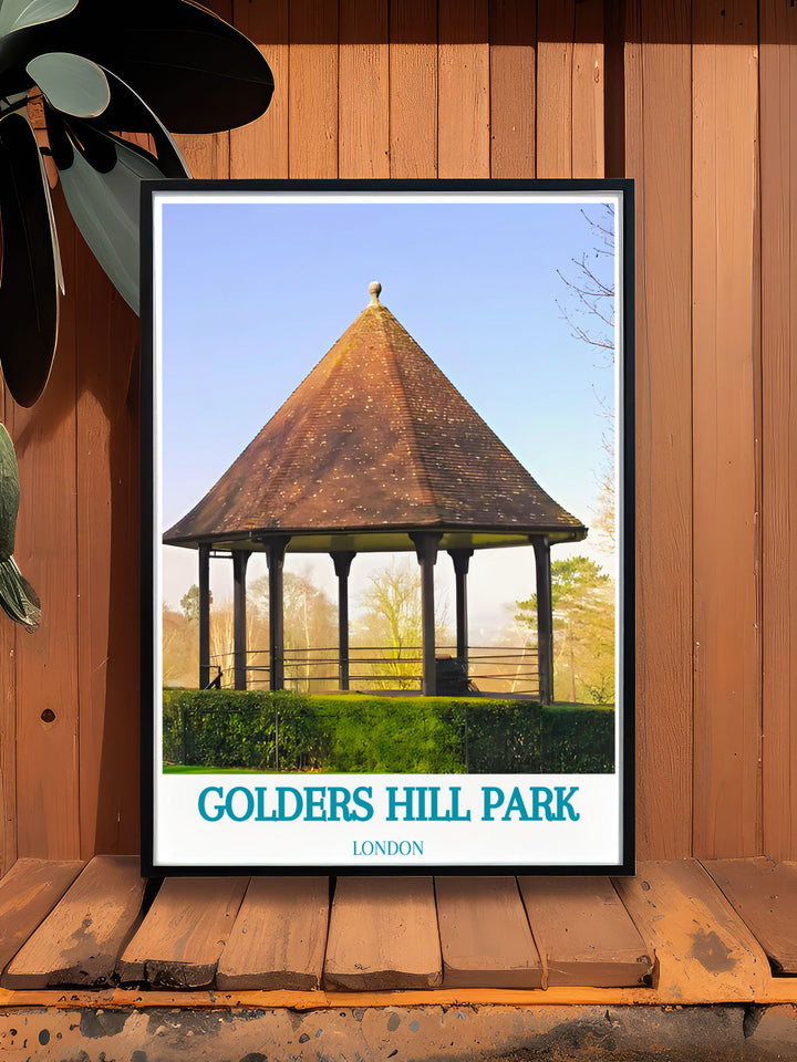 A framed print showcasing the bandstand in Golders Hill Park, surrounded by lush gardens and vibrant greenery, a beautiful addition to any art collection celebrating Londons outdoor spaces.