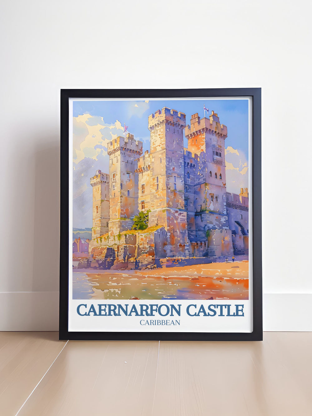 Bring the timeless charm of Caernarfon Castle and the picturesque Castle Square into your home with this vibrant travel poster, perfect for adding a touch of British elegance to your decor.