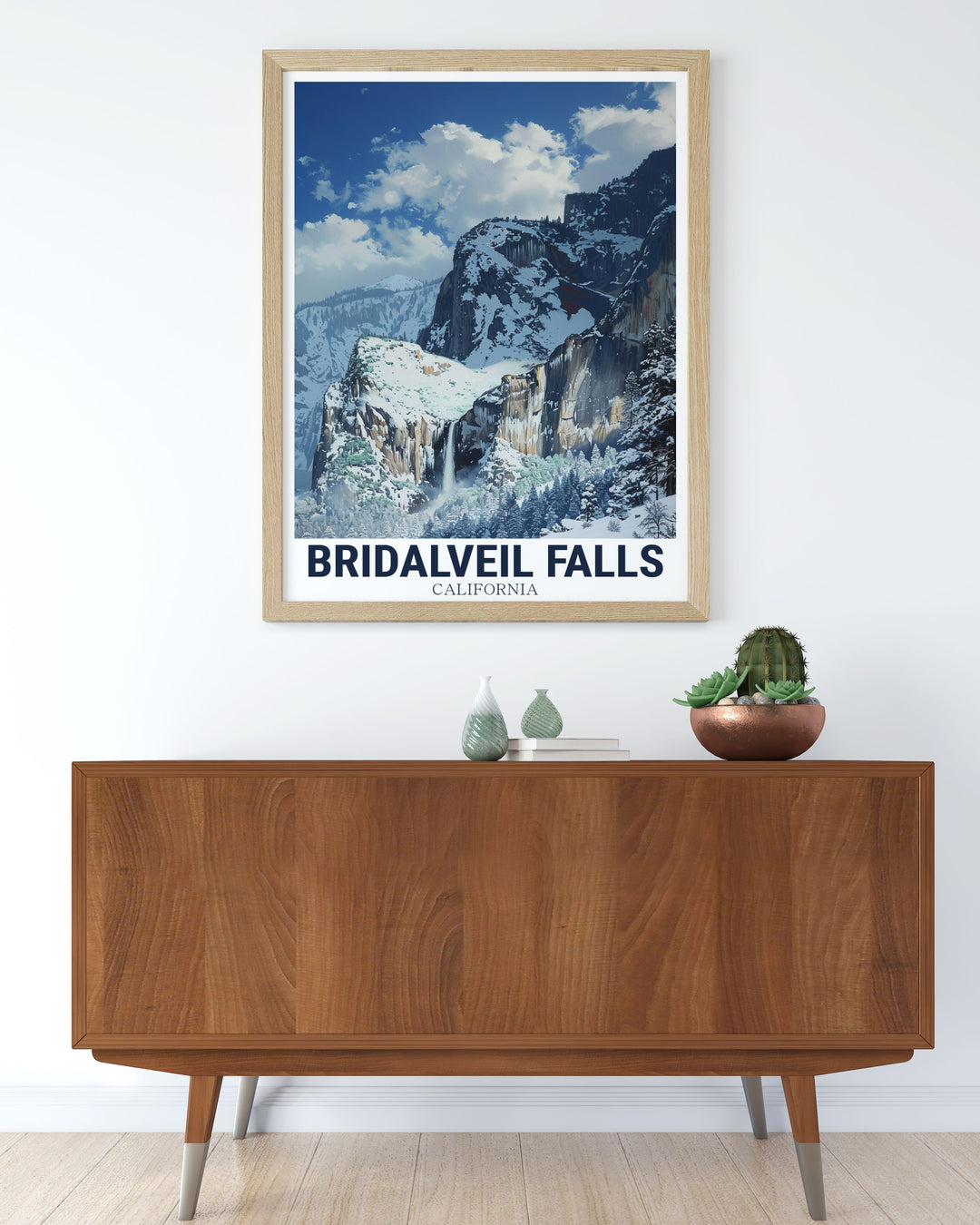 Scenic View from winter Bridalveil Falls print perfect for enhancing your California decor collection. This California travel artwork captures the beauty of one of the state's most famous waterfalls making it a perfect addition to any home or office.