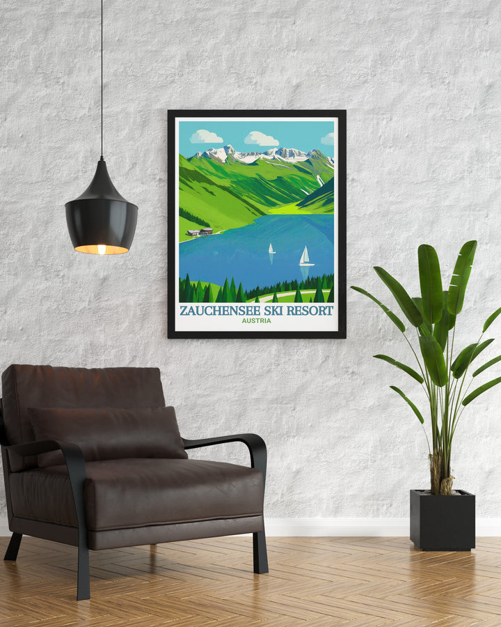 Beautiful Zauchensee Lake Artwork highlighting the serene reflections of the lake and snowy mountain backdrop perfect for adding charm to any living space