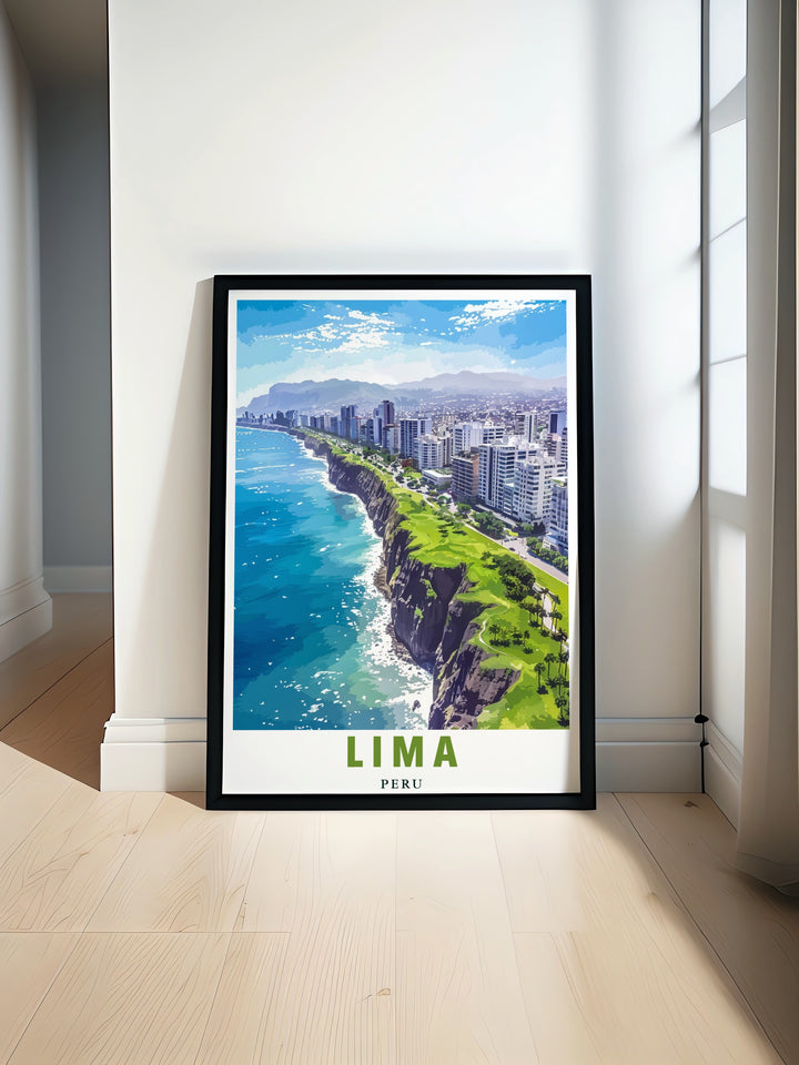 Showcase the beauty of Limas Miraflores Cliffs with this vibrant travel poster. Featuring the iconic coastline of Peru, this art print is ideal for home décor, offering a unique and colorful addition to any room. A great gift for travel lovers and art collectors.