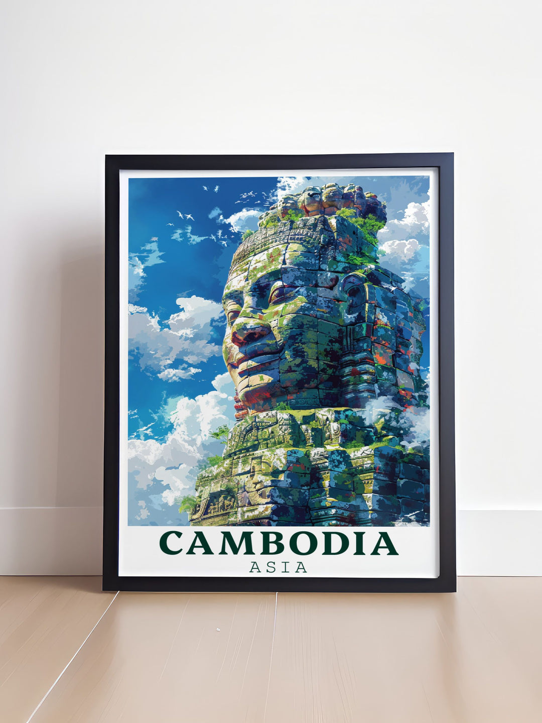 Elegant Bayon Temple artwork in a vintage print style capturing the timeless allure of Cambodias iconic landmark ideal for wall art and home decor.