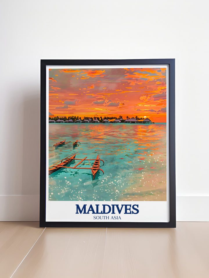 Maldives Poster Print featuring the stunning Baglioni Resort on Maagau Island, surrounded by the turquoise waters of the Indian Ocean. This vibrant artwork captures the serene beauty and luxury of the Maldives, making it a perfect addition to any home decor, ideal for beach lovers and those who dream of tropical escapes.