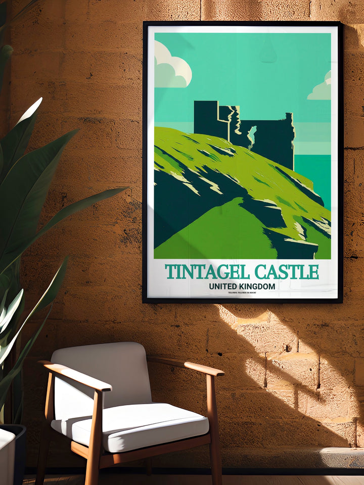 A detailed and vibrant poster print of Tintagel Castle, showcasing the legendary Cornish fortress perched on the cliffs of Cornwall, UK. This travel print captures the historic site and the dramatic scenery surrounding it, perfect for history enthusiasts and art collectors.