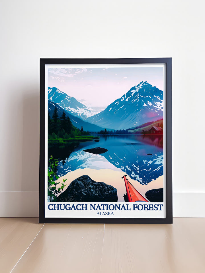 This Alaska travel art print beautifully portrays Lost Lake and the Kenai Mountains, offering a stunning depiction of Chugach National Forest. A perfect gift for nature lovers, this poster brings the breathtaking landscapes of Alaska to your home decor.